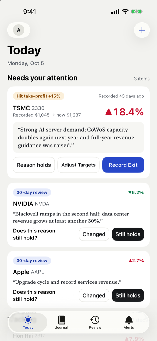 StockNote Today screen with a take-profit alert and 30-day reviews